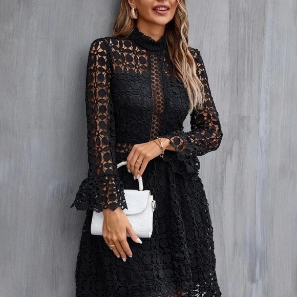 undefined Dresses & Skirts - BOHO ELEGANCE Mock Neck Flounce Sleeve Lace Dress BLACK